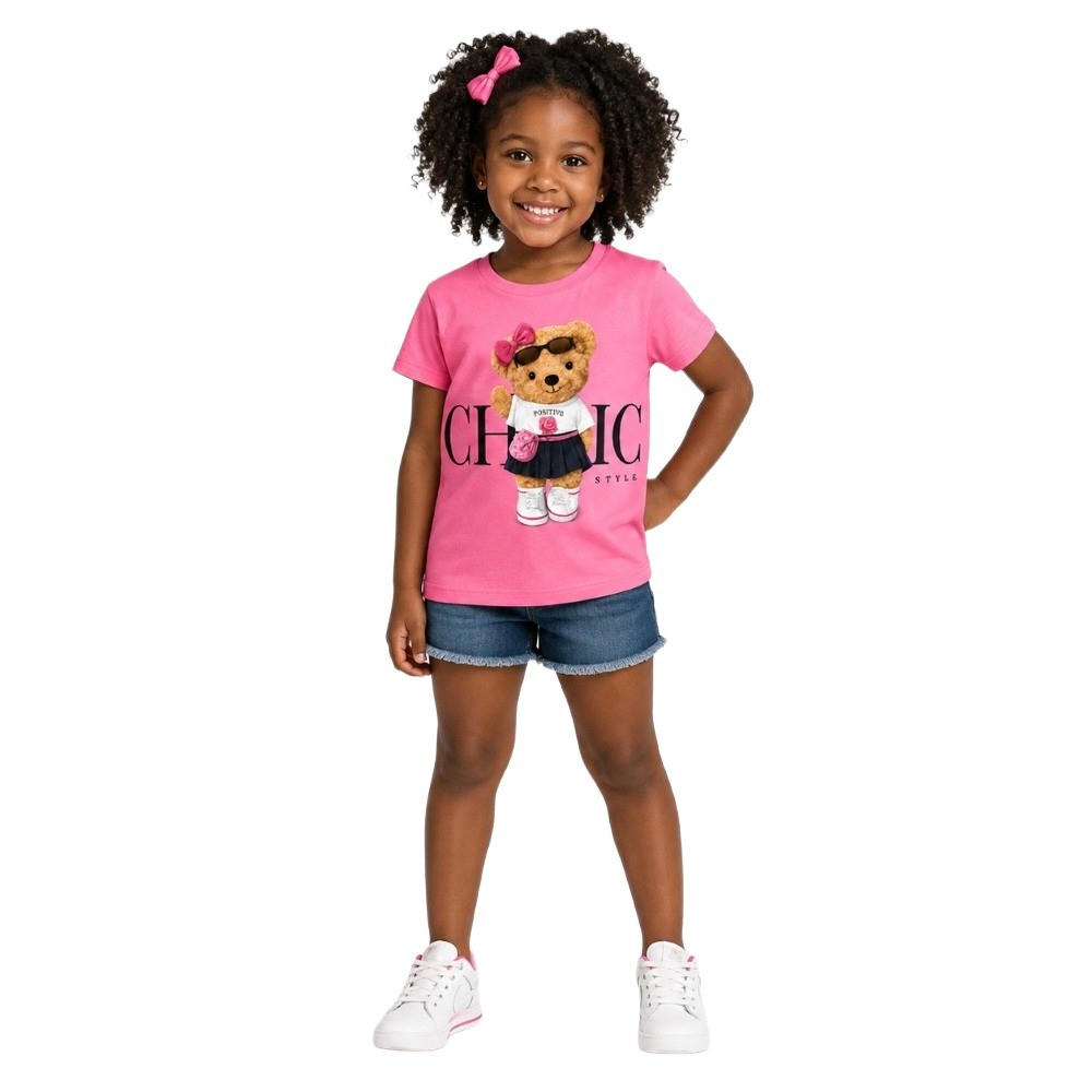 Camiseta Menina Infantil Juvenil Estampa de Ursinho 100% Algodão Manga Curta Confortavel Passeio