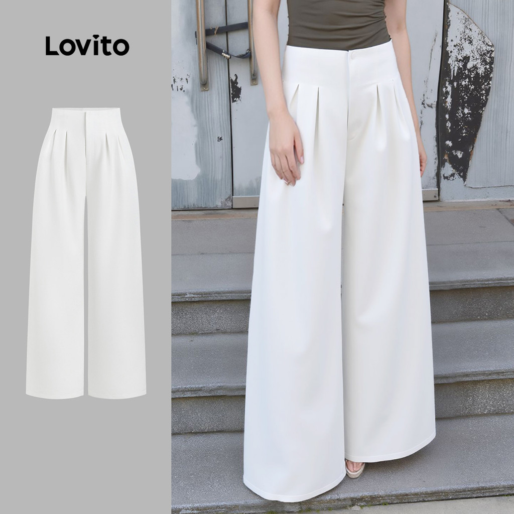 Lovito Branca Elegante Calça Calça Plissada Lisa Para Mulher LNE59439