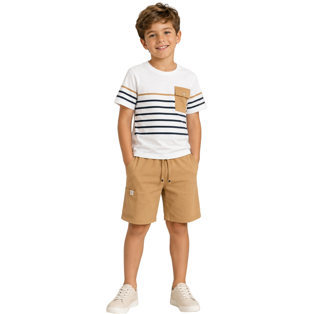 Conjunto Infantil Menino Camiseta Flamê Listrada Branco e Bermuda Lisa Camurca Milon 2001813
