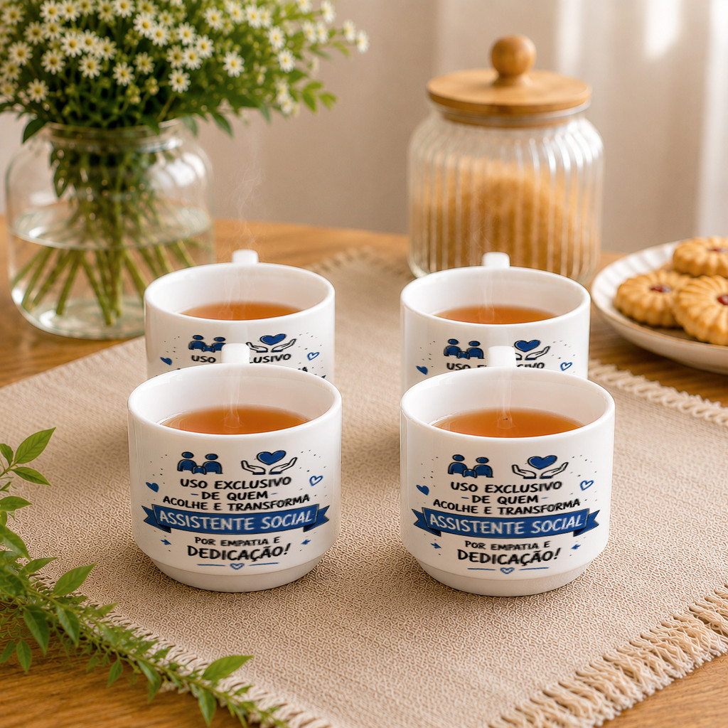 Kit 4 Xícaras Porcelana Assistente Serviço Social