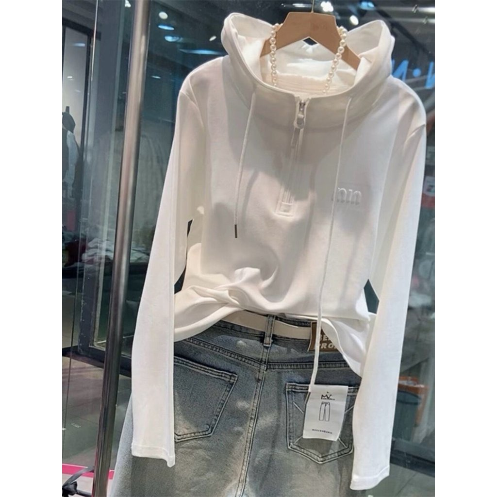 Branco com capuz de manga comprida camiseta feminina 2026 outono inverno Wear venda quente moda europeia All-Match pulôv