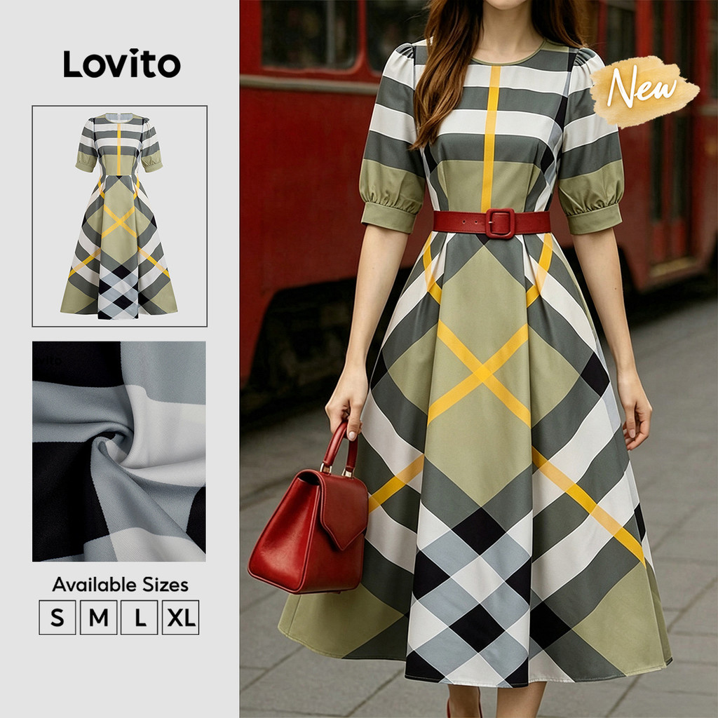 (New Arrival) Lovito Vestido Casual com Cinto Verde para Primavera/verão para mulheres DRB38BR141