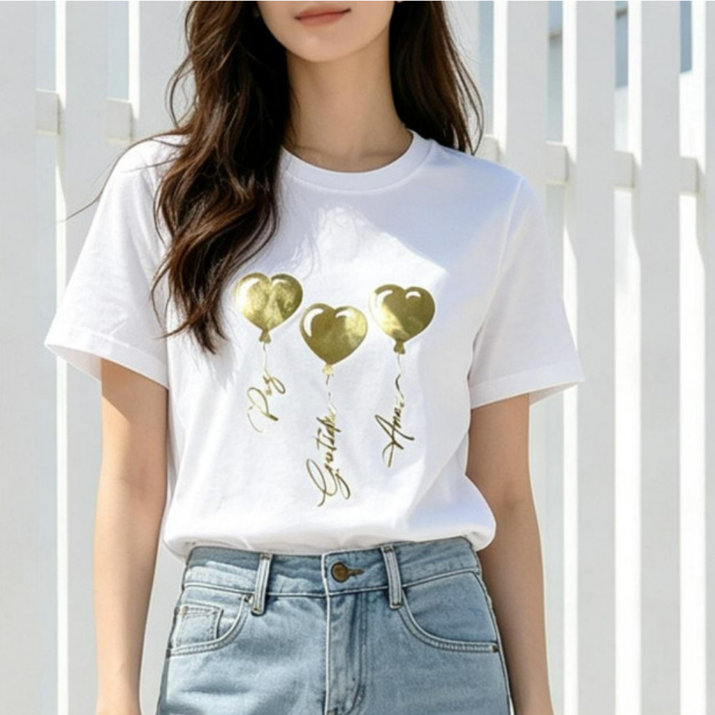 Camiseta Feminina 100% Algodão Com Estampa De Balões De Coração Dourado Confortável Para Uso Diário Casual