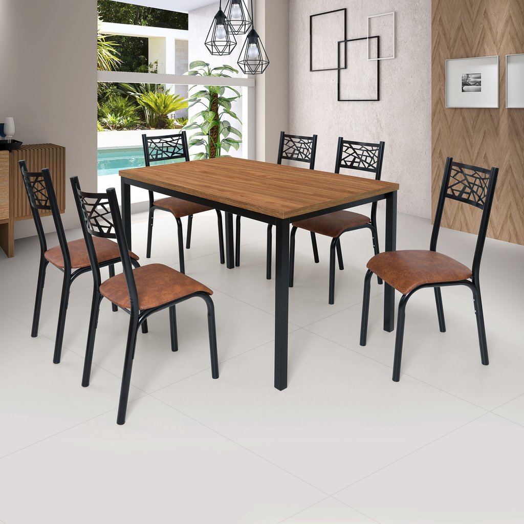 Conjunto Jade Flex 1,36m Tampo Laminado com 6 Cadeiras Marrom/Preto Fosco/Caramelo/Amendoa Preto/Caramelo/Amendoa