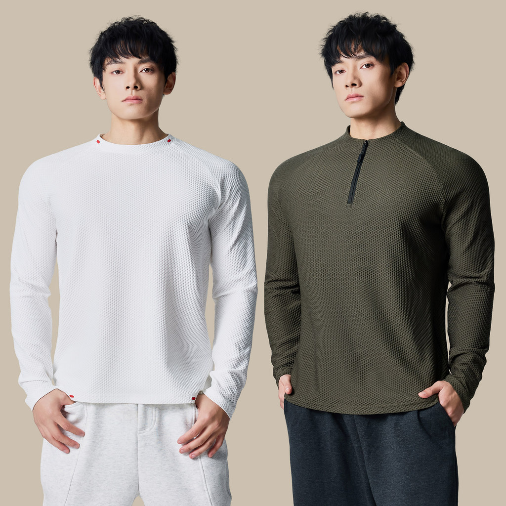 Outono inverno novo estilo textura pesada verificado manga comprida camiseta masculina esportes lazer correndo Fitness a