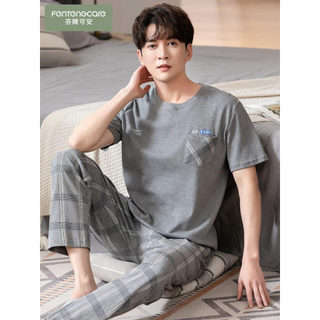 Pijamas masculinos verão puro algodão calças de manga curta meia manga primavera outono estilo fino pulôver pode usar fo