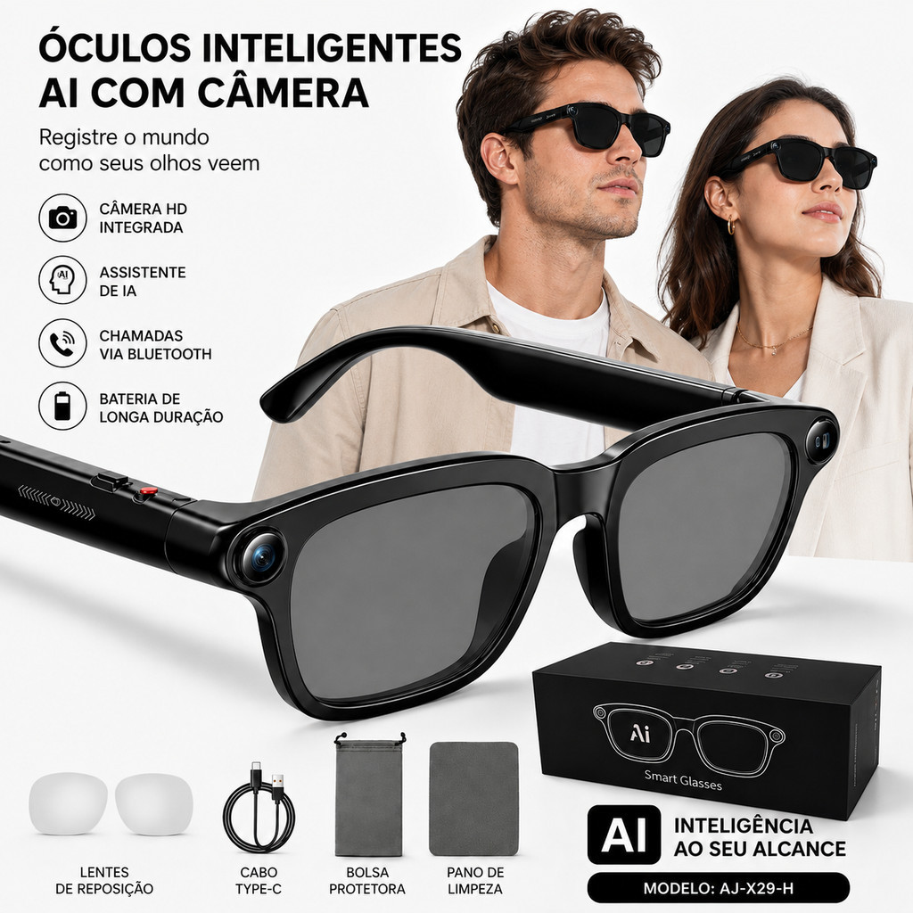 Óculos Inteligente AI com Câmera Bluetooth para Foto Vídeo Smart Glasses Portátil