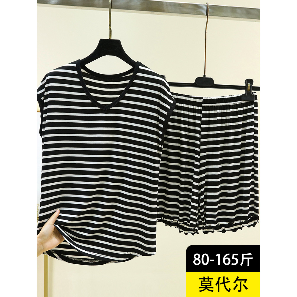 Modal listrado loungewear verão fino sem mangas camiseta Shorts conjunto Plus Size feminino loungewear conjunto de duas 