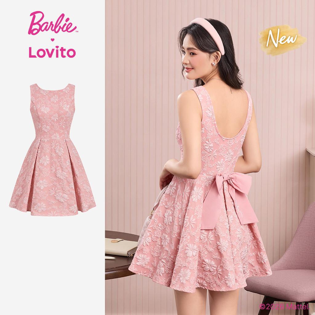 (New Arrival) Barbie™ X Lovito Vestido Elegante Jacquard Com Bordado Plissado Primavera/verão Rosa Para Mulheres DRBL6PAD016