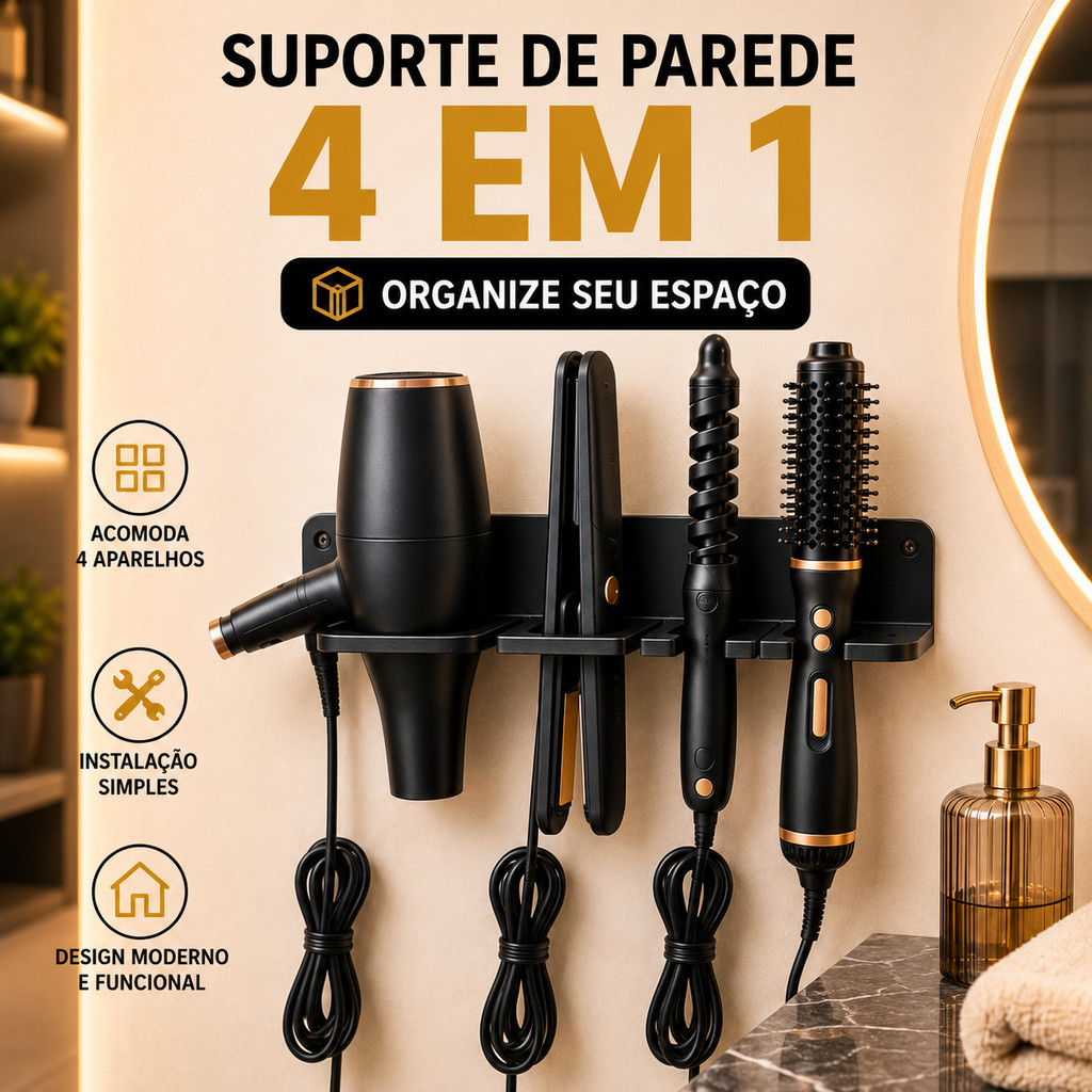 Suporte de Parede 4 em 1 para Secador, Chapinha, Babyliss e Escovas elétricas