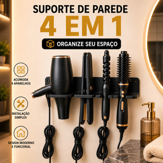 Suporte de Parede 4 em 1 para Secador, Chapinha, Babyliss e Escovas elétricas