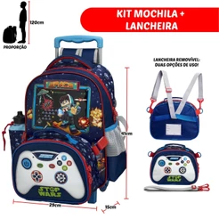 Kit Mochila Rodinha + Lancheira Blox Stop Wars Menino Masculino Escolar Escola Leve Game Play Space