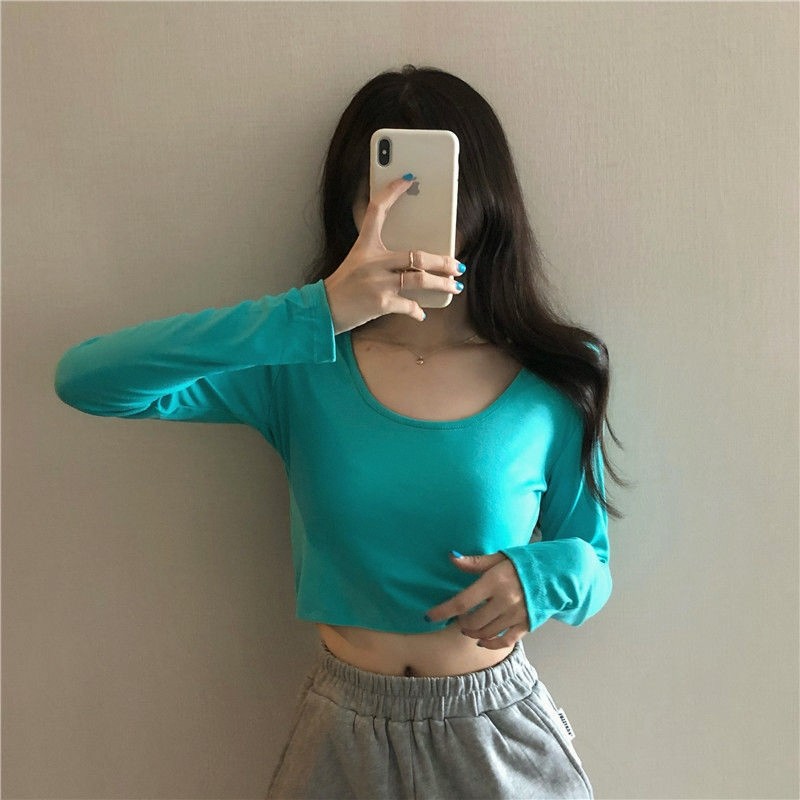 Camiseta curta feminina primavera outono estilo ocidental roupa interior magro-ajuste de manga comprida camisa de fundo 