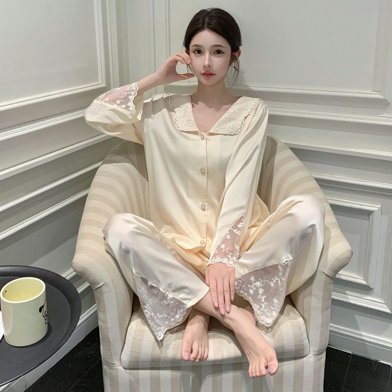 Pijamas de seda gelo feminino verão fino Cardigan calças de manga comprida terno de duas peças influenciador fino Homewe