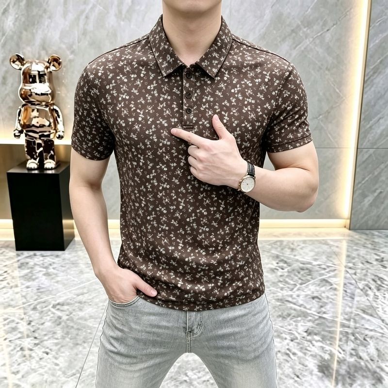 Spot Explosions Camisa Polo Masculina Estampada Versátil Floral De Manga Curta Tendência Da Moda Lapela Camiseta Casual 