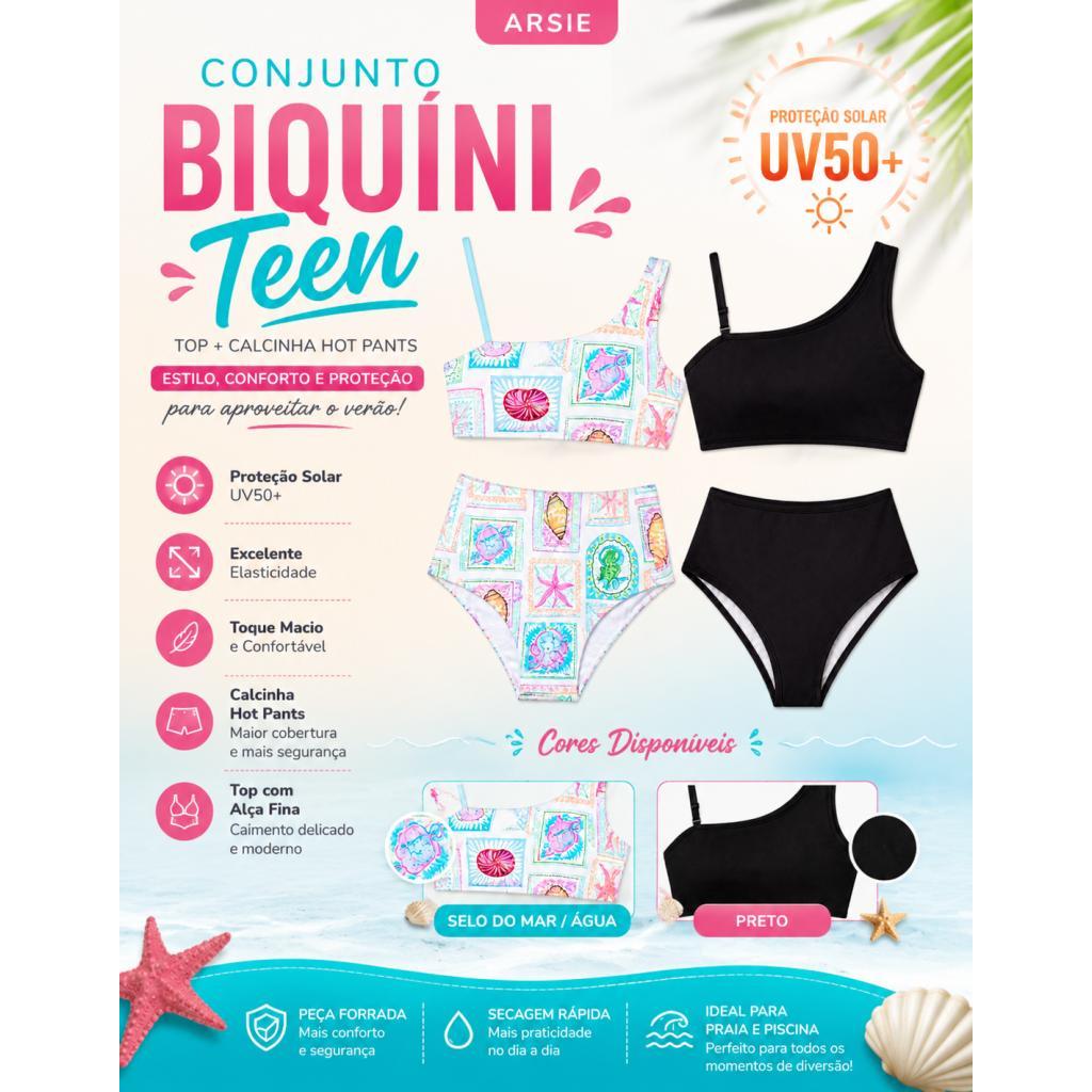 Conjunto Biquíni Teen Menina Feminino Arsie Hot Pants Top Assimétrico Proteção UV50+