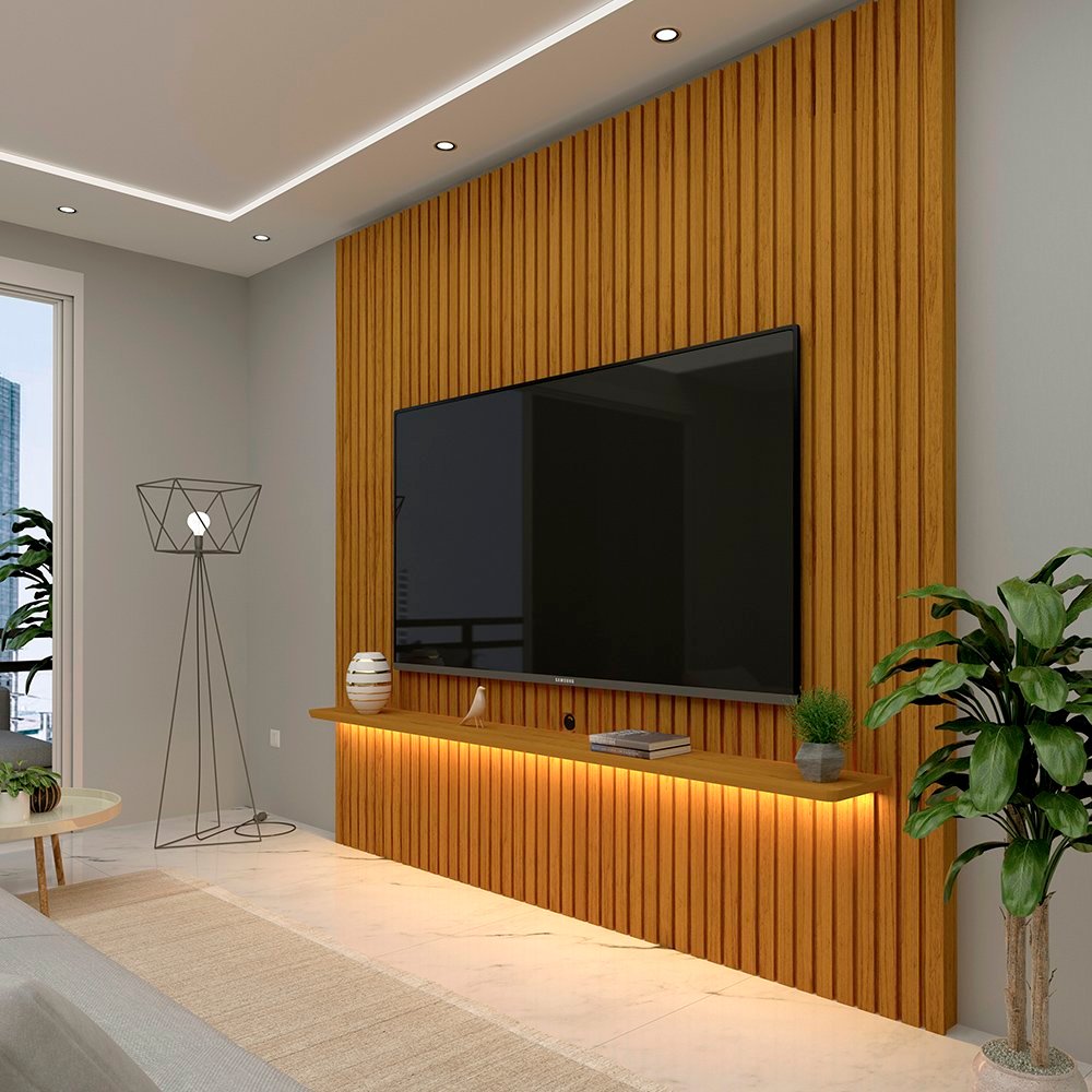 Painel Ripado para TV até 90 Polegadas 100% MDF com LED 230CMX250CM Nobre Marrom Naturale