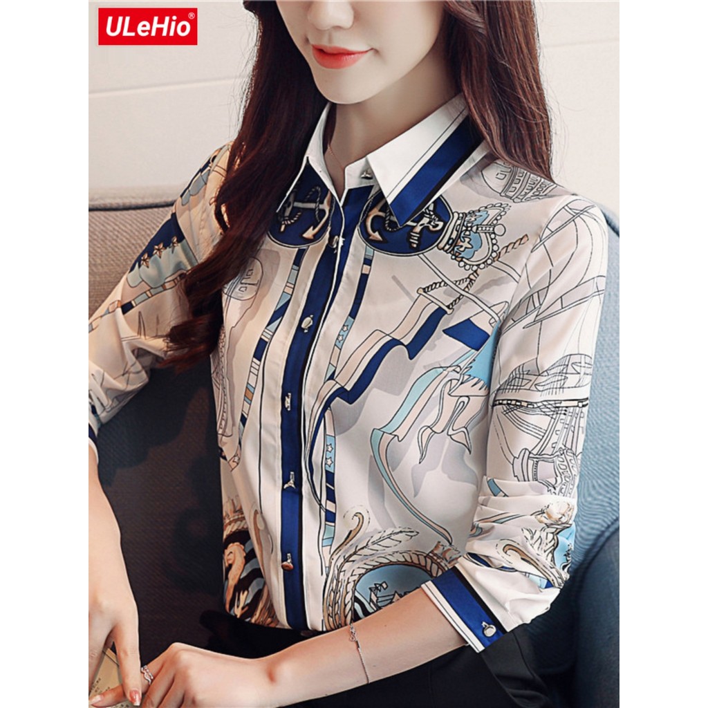 Camisa feminina primavera outono novo estilo de manga comprida Design nicho impresso Chiffon camisa Retro estilo Hong Ko