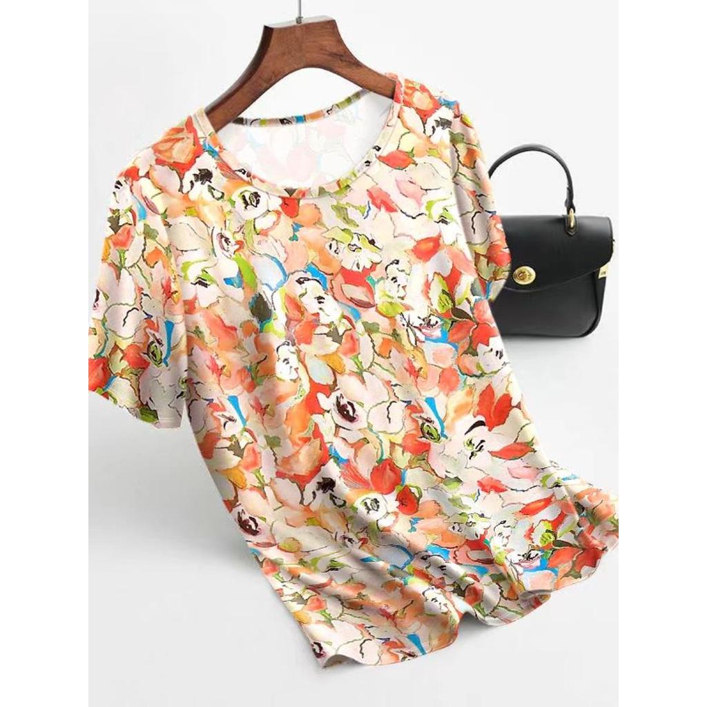 Camiseta de seda gelo feminina meia-idade idosos roupas da mãe 2026 primavera verão novo estilo topos All-Match solto S