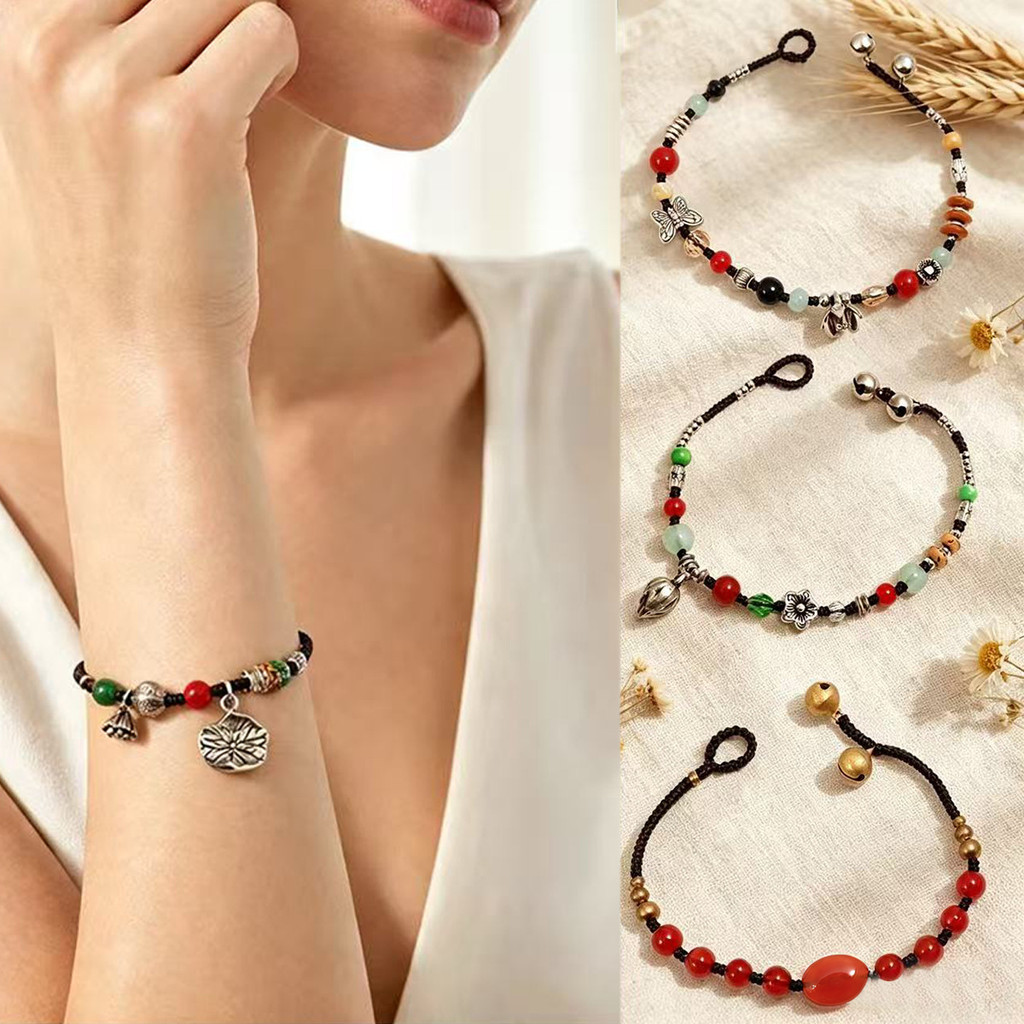 Pulseira étnica tecida em estilo chinês com pingentes de borboleta, folha de lótus e sino, nova vibe artística de estilo
