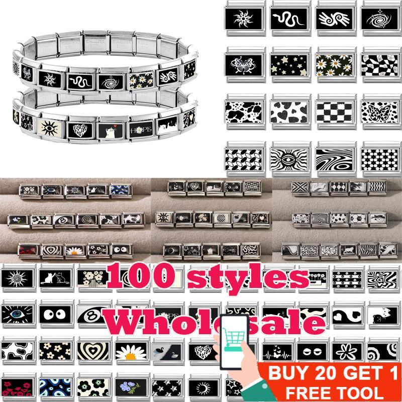 2026 Moda Preto Branco Redondo Estrelas Bolinhas Charme Italiano Links Caber 9mm Pulseira De Aço Inoxidável Jóias DIY Fa