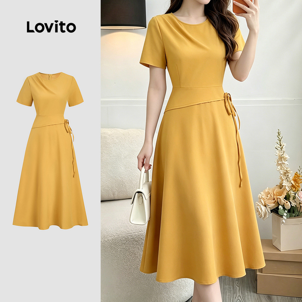 Lovito Vestido Elegante Plissado Confortável e Elegante Vestido de Açafrão para primavera/verão L199ED014