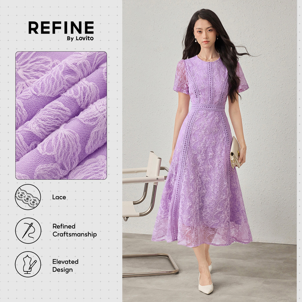 (Refine by Lovito) Vestido Social Macio Renda Babado Dupla Camada Roxo Feminino DRR42P1D020