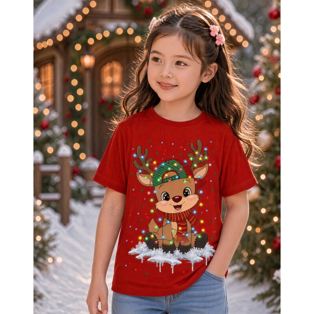 Camiseta Infantil Menina Menino Criança Manga Curta verão Estampa de Rena Natal Estrelas de Neve Vermelhas e Luzes Neon