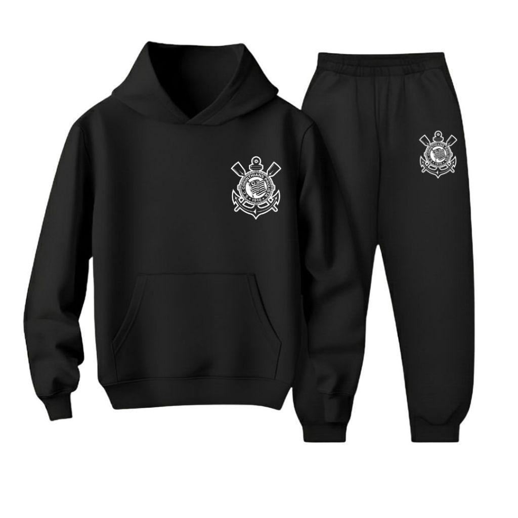 Conjunto Moletom Infantil Canguru Time Blusa Timão Calça Frio Agasalho Futebol