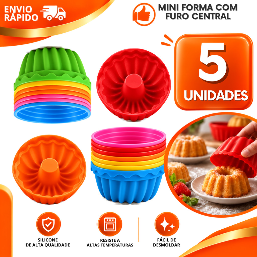 Kit 5/3/1 Mini Forminhas Furo Central Cupcake Bolo Pudim Quiche Silicone Vulcão Antiaderente Forno e Airfryer Não Gruda