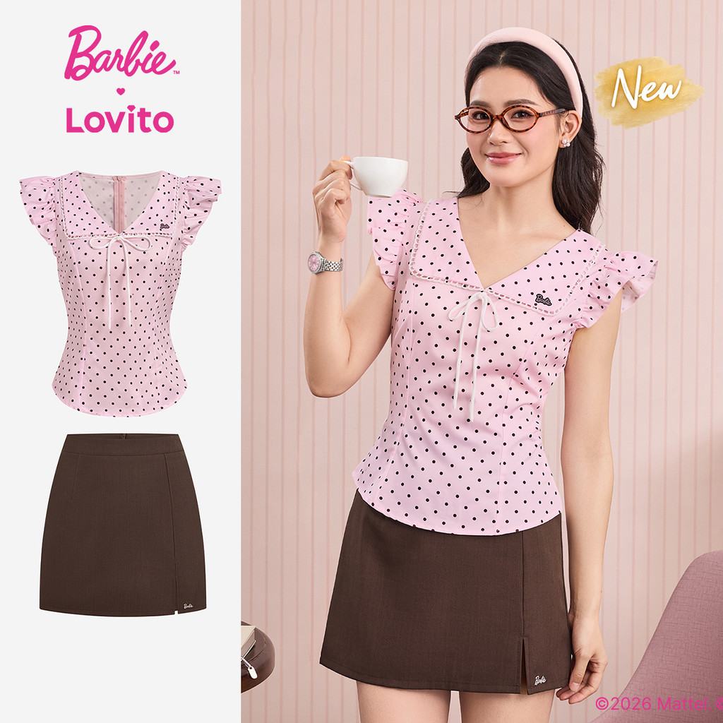 (New Arrival) Barbie™ X Lovito Tops Casuais Ou Inferiores Padrão Babados Bordados Primavera/verão Topo Rosa Tops Ou Inferiores Para Mulheres KSBL6PAD026
