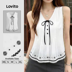Lovito Top Feminino Elegante Sem Manga com Amarração Frontal e Pregas em Brancoivory TKK8P2D1031