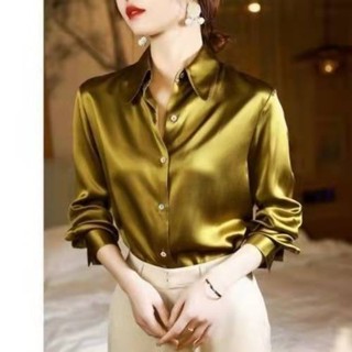 Mulheres Seda Como Cetim Camisa Gola Ponto Manga Longa Botão Para Baixo Solto Elegante Escritório Commute Blusa