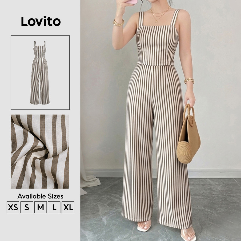 Lovito Listrado Macacão Boho Falso 2 em 1 com Zíper Padrão Primavera/verão para Mulheres L189ED195
