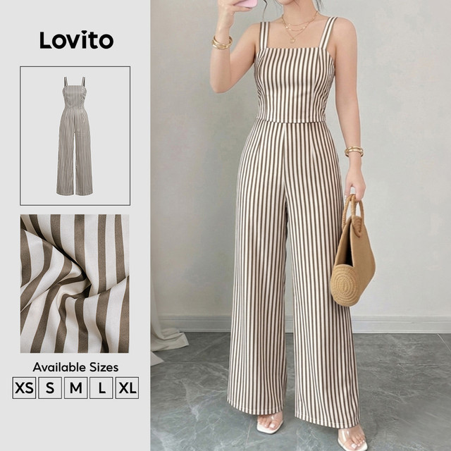Lovito Listrado Macacão Boho Falso 2 em 1 com Zíper Padrão Primavera/verão para Mulheres L189ED195