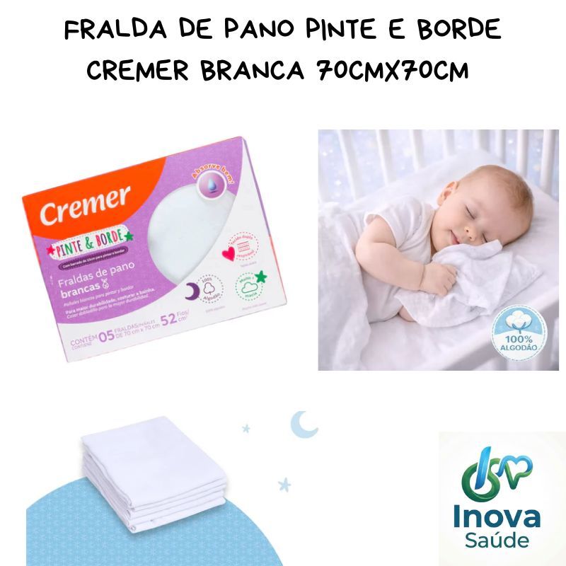 Fralda de pano Creme Pinte e Borde Luxo 70x70 Branca