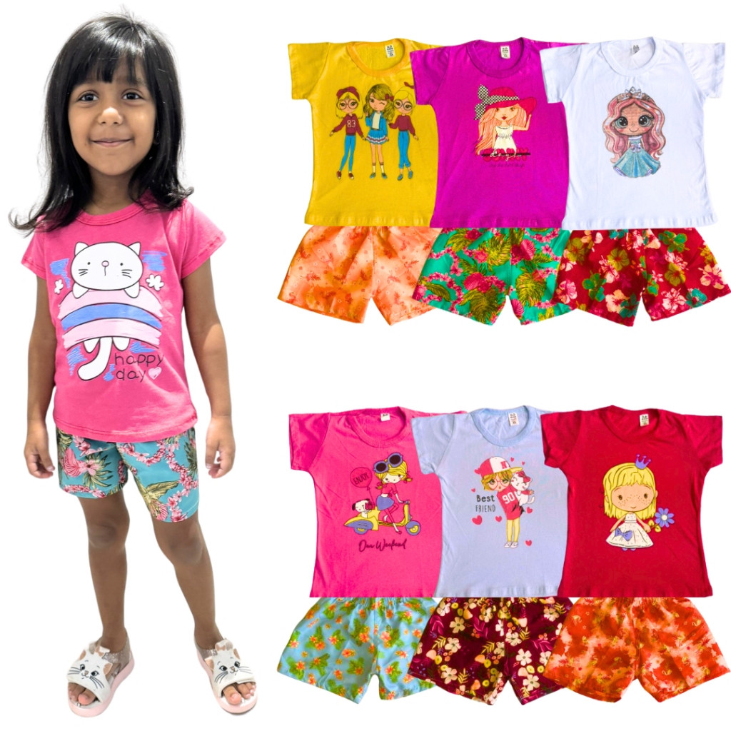 Kit Sortido 10 Peças de Roupas Infantil Feminina 5 Camisetas + 5 Bermudas Estampadas
