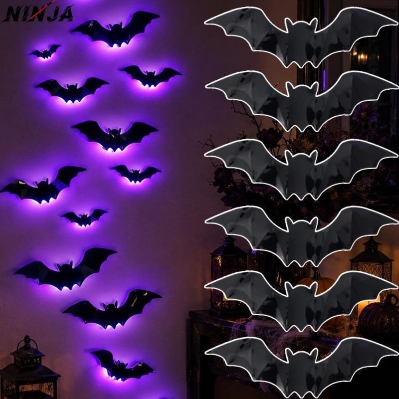 [Extreme] 24-12 Unidades De Adesivos De Parede De Morcego Iluminados LED 3D-Decalque PVC-Adereços Assustadores De Hallow