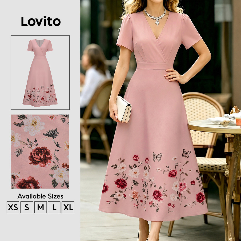 Lovito Vestido Elegante com Flores Estilo Resort Vestido Rosa Primavera/verão para mulheres DRK8P2D1063
