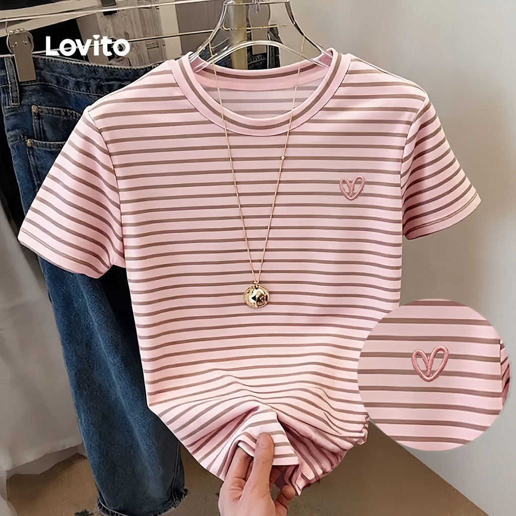 Lovito Camiseta Casual Bordada Rosa de Primavera/verão para mulheres TSK8P1D828