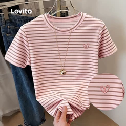 Lovito Camiseta Casual Listrada Bordada Rosa de Primavera/verão Para Mulheres TSK8P1D828