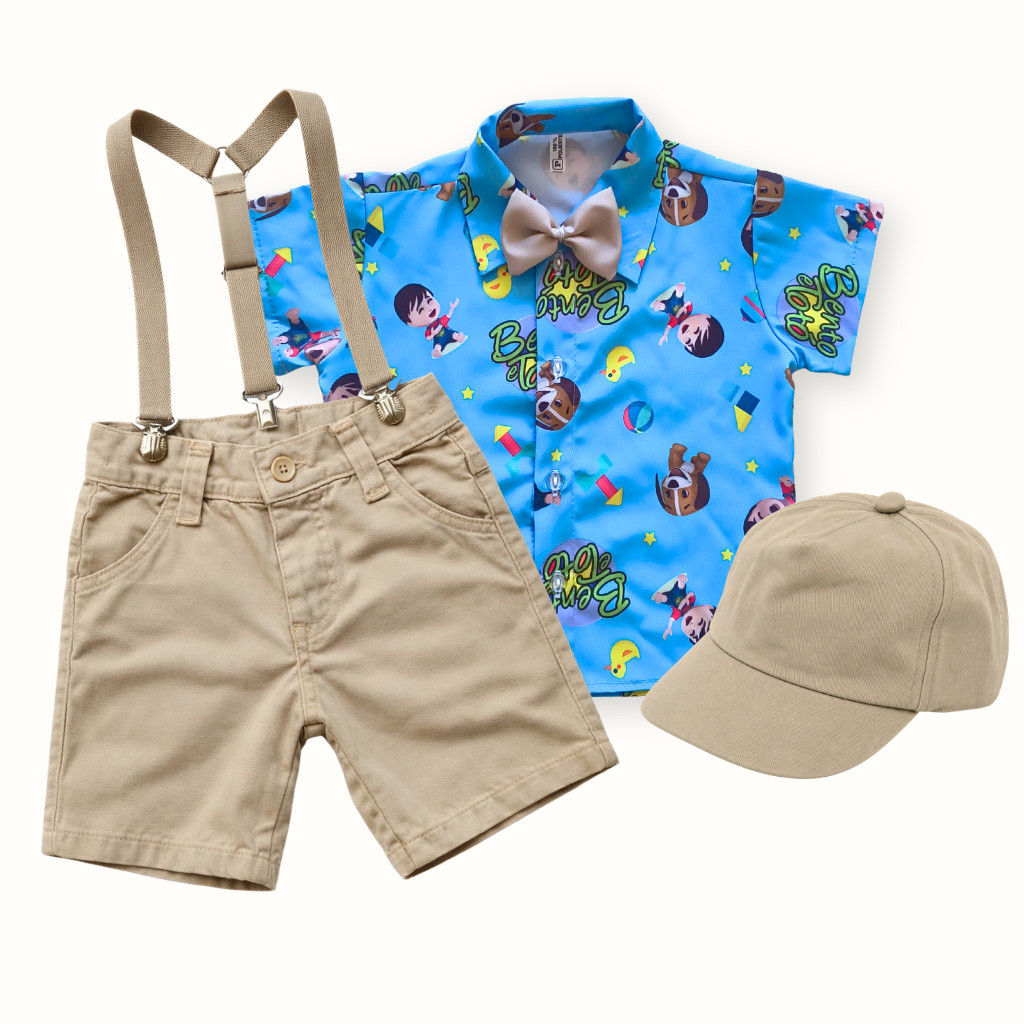 Conjunto com Boné Bento e Totó Infantil Look Festa, Aniversário Roupa Temática Social Menino com Suspensório e Gravata