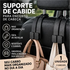Suporte Cabide Encosto Cabeça Carro 2 Ganchos Universal Organizador Banco Bolsa Sacola Garrafa Preto 17x8,5cm