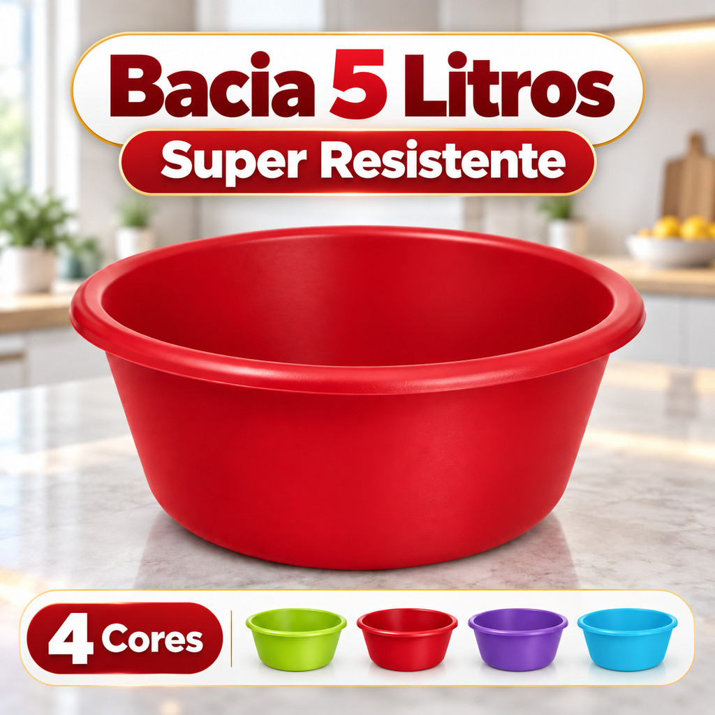 Bacia 5L Plástico Resistente Multiuso Cozinha Lavanderia Roupas Louças Colorida Leve Casa