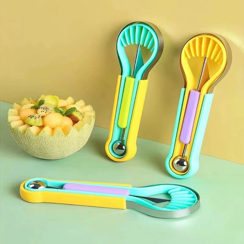 Colher de bola de escavação de melancia em aço inoxidável, ferramenta de escultura de frutas de melão de duas cabeças, d