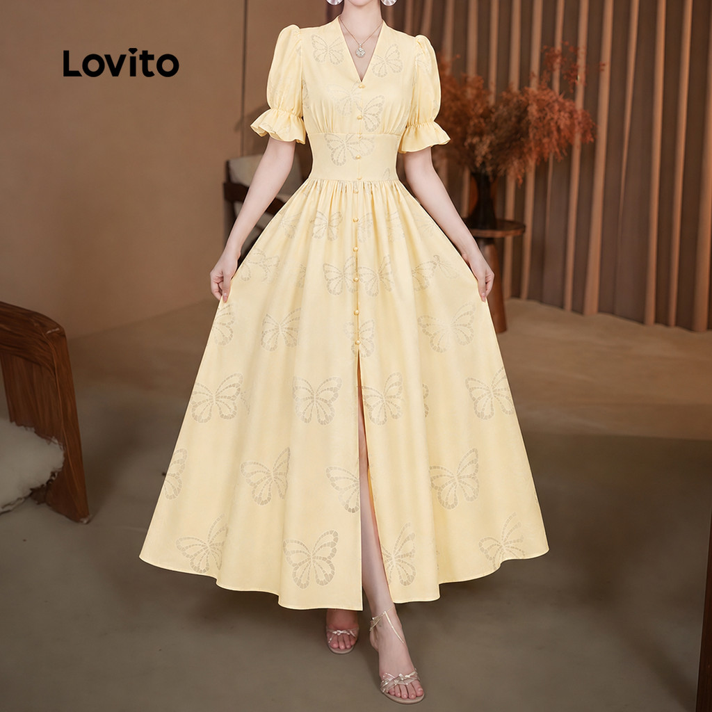 (NEW) Lovito Vestido Elegante de Alface com Acabamento em Fivela de Metal Primavera/verão Vestido amarelo L154ED1117