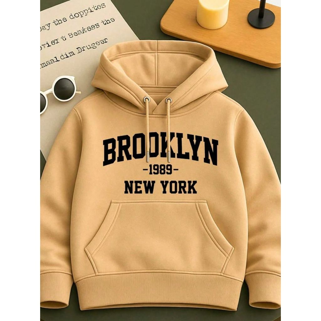 Moletom Infantil Juvenil Flanelado Com Capuz e Bolso Canguru Menino Menina Blusa de Frio Estampada Brooklyn NY 1989