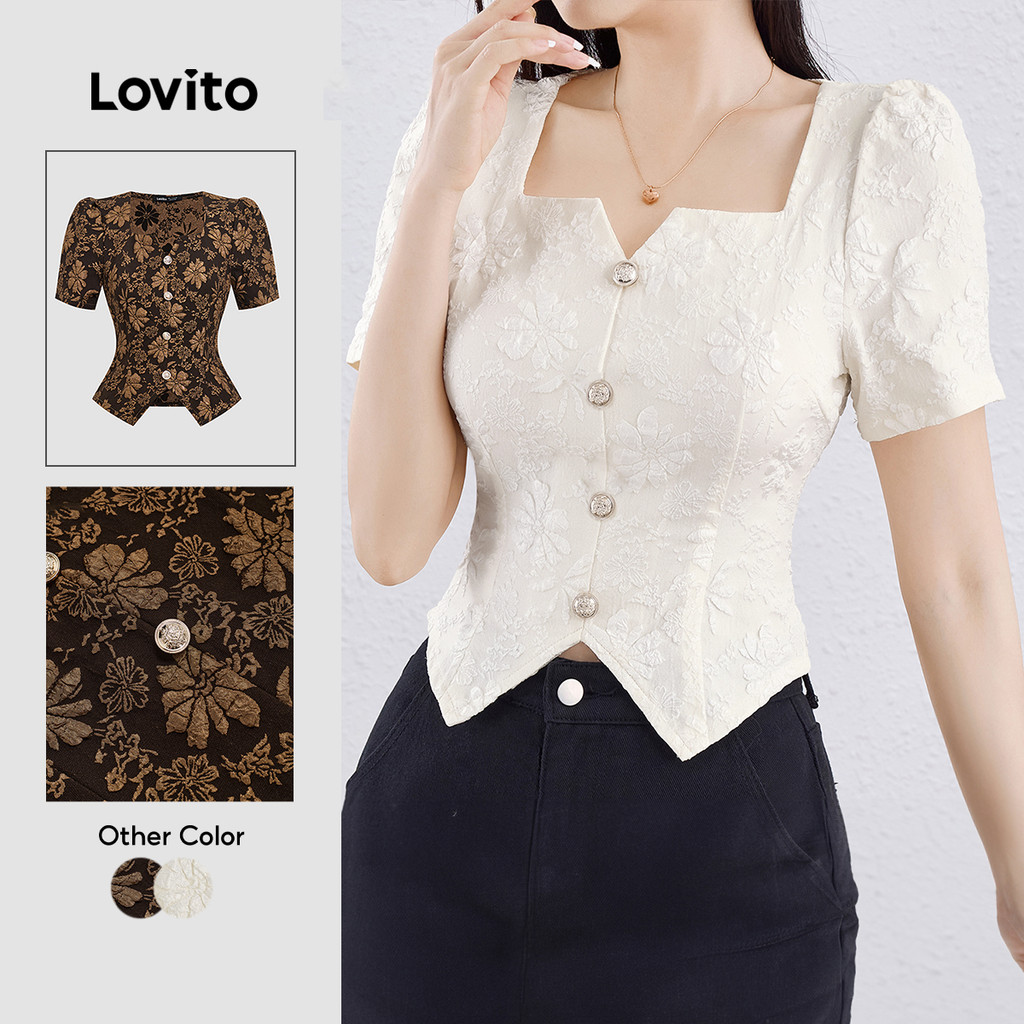 Lovito Elegante Blusa Com Botões Recortados Primavera/Verão Blusa Branca Para Mulheres L138AD1249