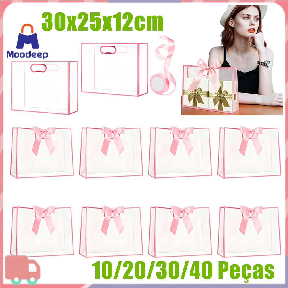 10-40 Saco de presente transparente com alça, Saco de presente reutilizável de PVC com fita rosa, Adequado para festas