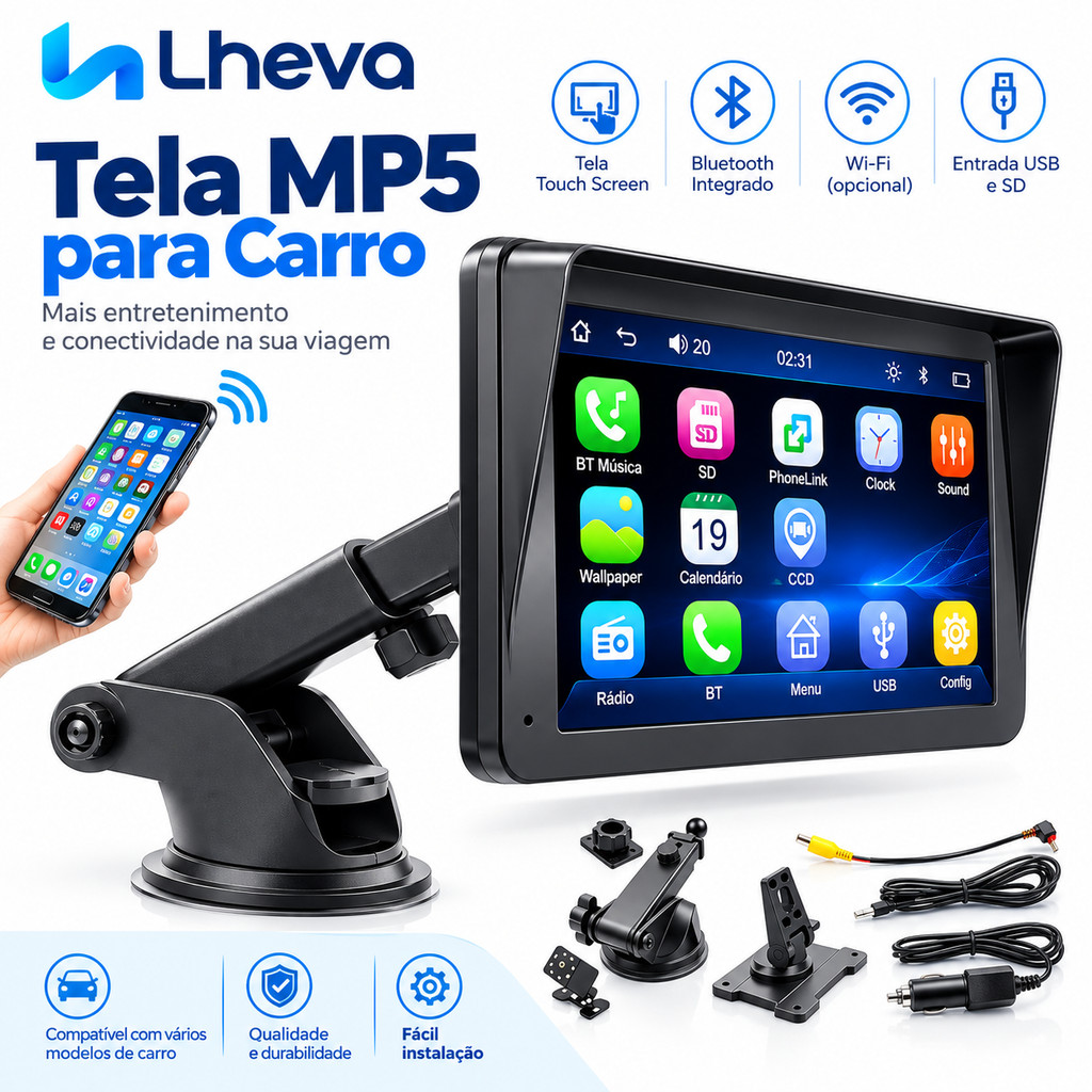 Central Multimídia Automotiva MP5 7 Polegadas Touch – CarPlay Android Auto Bluetooth 5.0 USB FM E Câmera De Ré